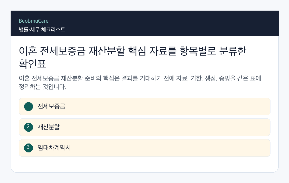 이혼 전세보증금 재산분할 핵심 자료를 항목별로 분류한 확인표