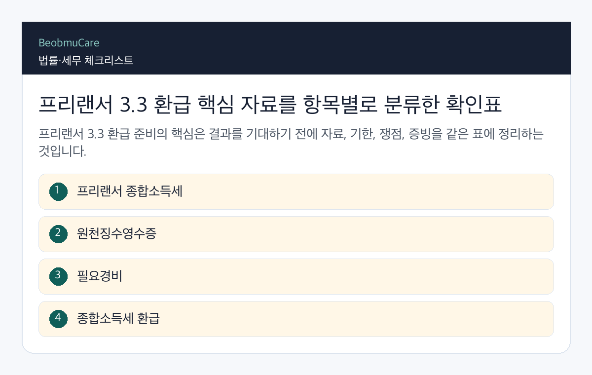 프리랜서 3.3 환급 핵심 자료를 항목별로 분류한 확인표