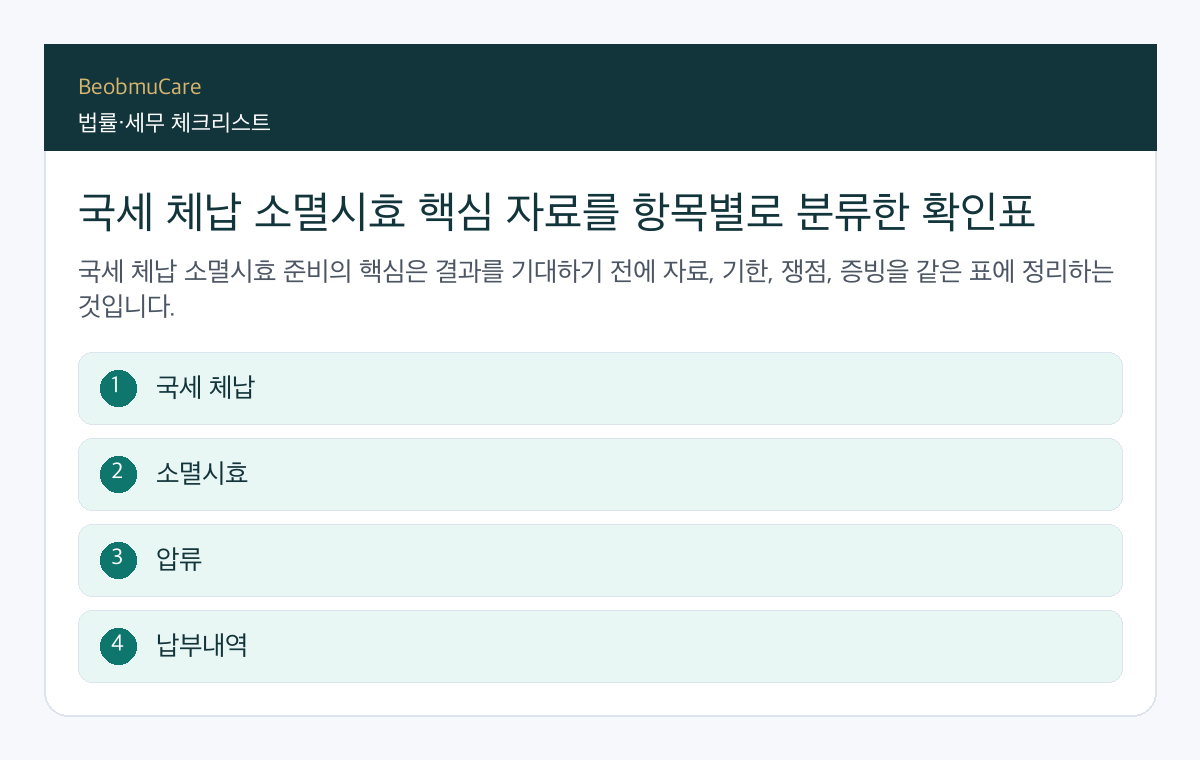 국세 체납 소멸시효 핵심 자료를 항목별로 분류한 확인표