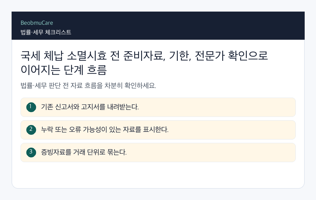 국세 체납 소멸시효 전 준비자료, 기한, 전문가 확인으로 이어지는 단계 흐름