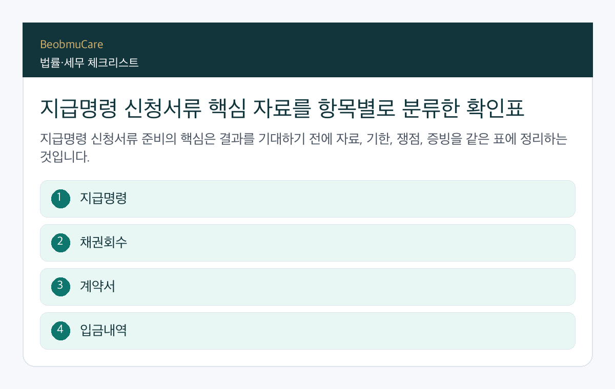 지급명령 신청서류 핵심 자료를 항목별로 분류한 확인표