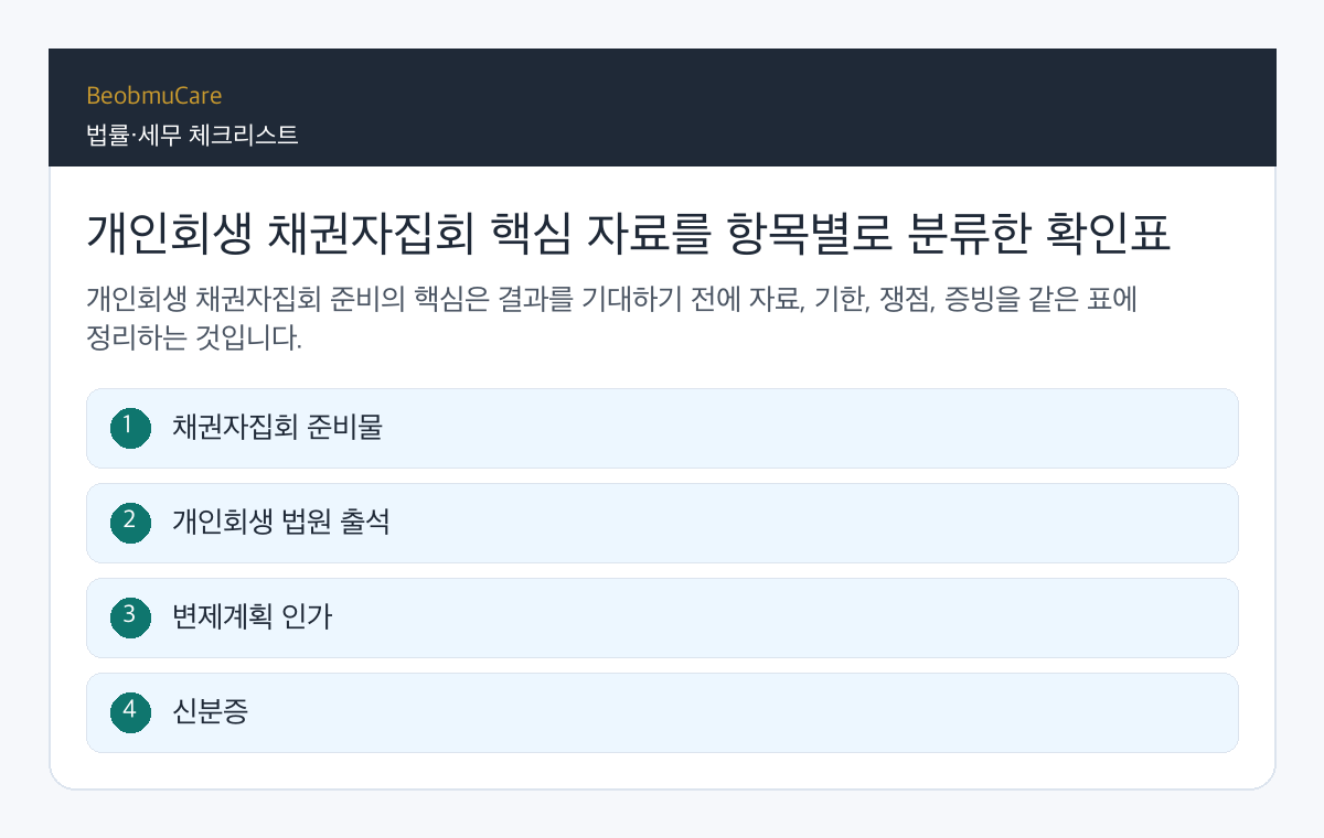 개인회생 채권자집회 핵심 자료를 항목별로 분류한 확인표