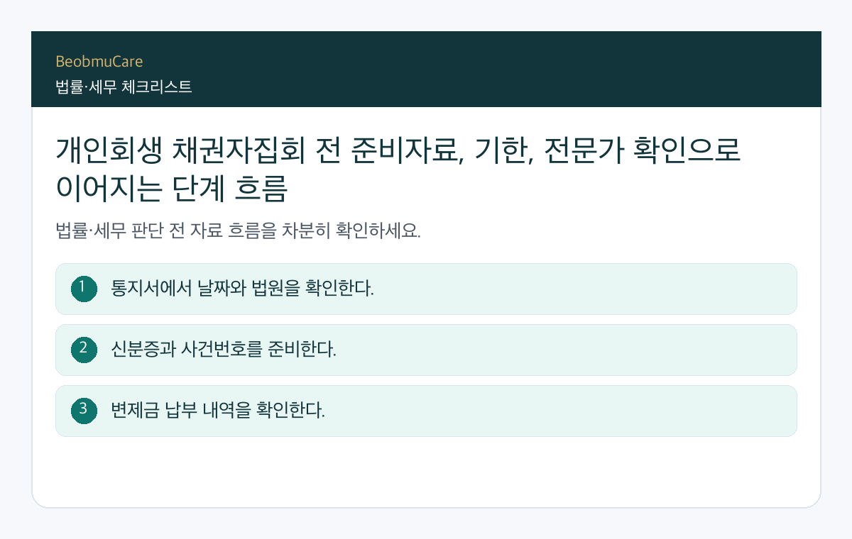 개인회생 채권자집회 전 준비자료, 기한, 전문가 확인으로 이어지는 단계 흐름