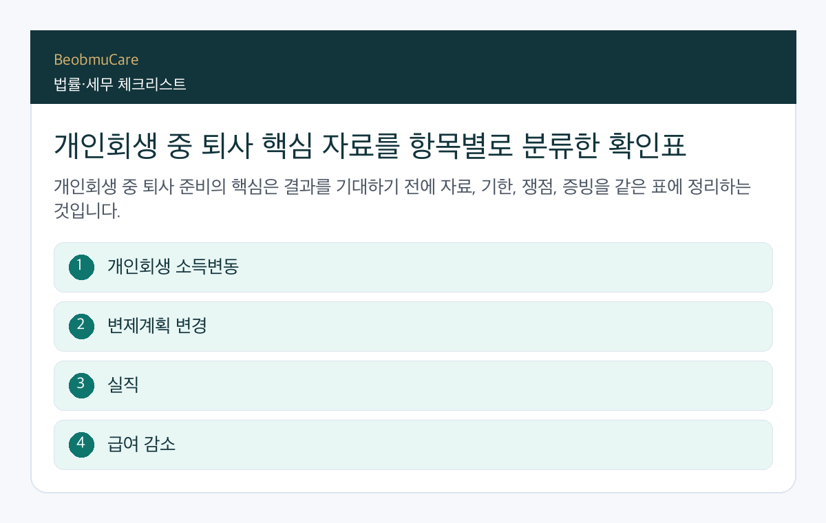 개인회생 중 퇴사 핵심 자료를 항목별로 분류한 확인표