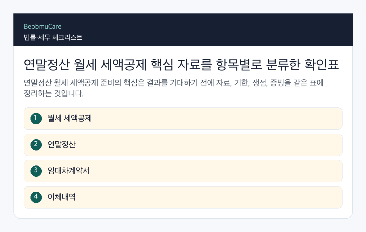 연말정산 월세 세액공제 핵심 자료를 항목별로 분류한 확인표